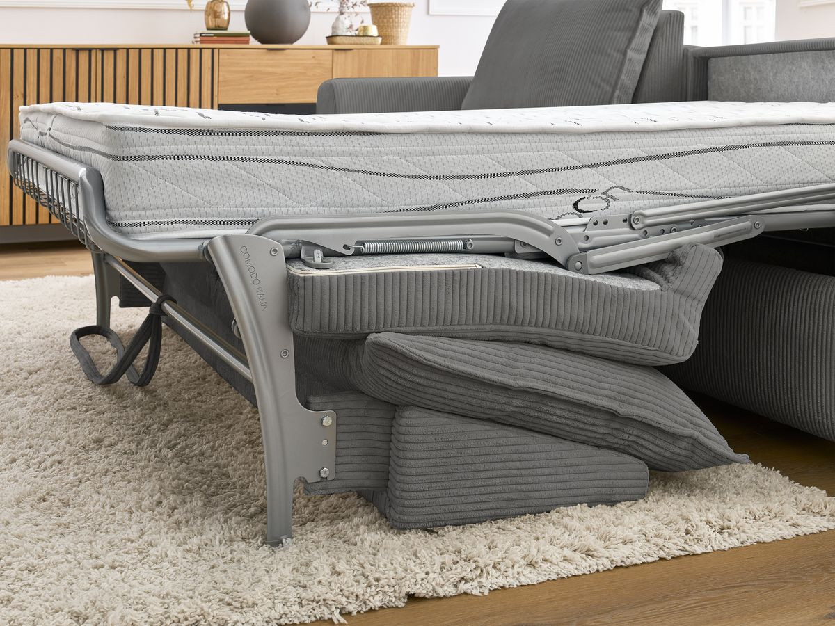 Bobochic Augustin Ecksofa mit Schlaffunktion und Bettkasten Cordsamt Dunkelgrau, Liegefläche 140 × 200 cm
