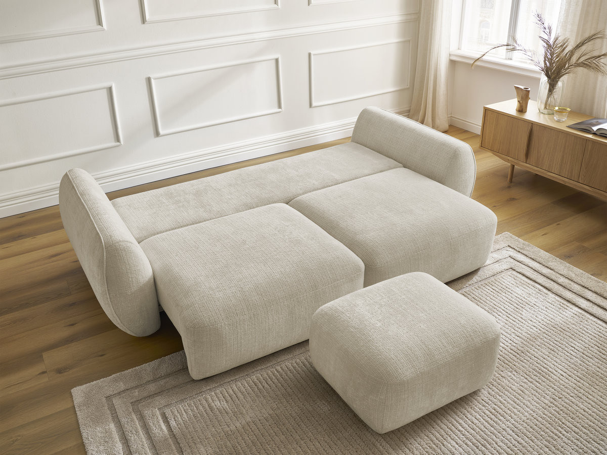 Bobochic Denise Schlafsofa 3-Sitzer mit Bettkasten und Pouf Strukturstoff Beige