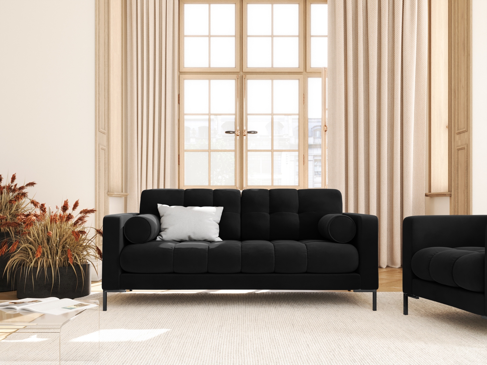 Cosmopolitan Design Sofa Bali 2-Sitzer Samt Bluvel Schwarz Beine Schwarzes Metall