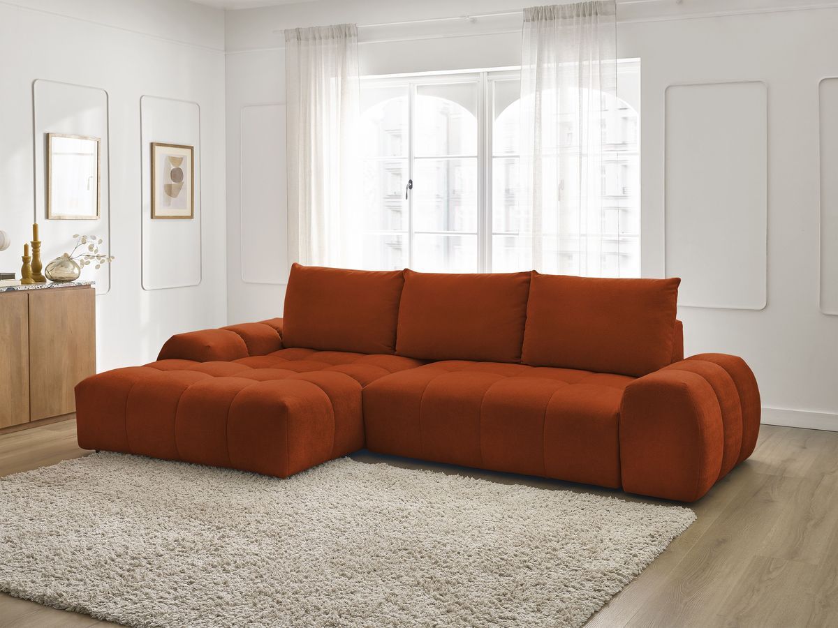 Bobochic Everest Ecksofa mit Schlaffunktion und Bettkasten 318 × 180 cm, 3 Kissen Strukturstoff Orange Ecke links