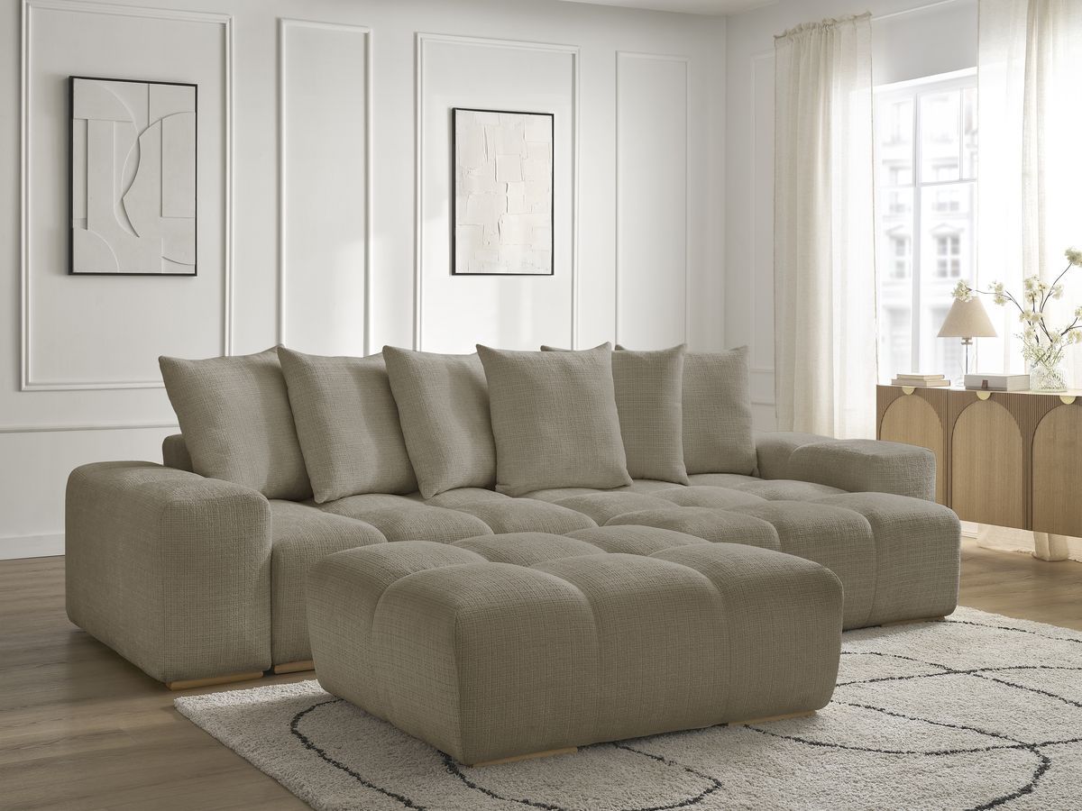 Bobochic Anakin Ecksofa mit Schlaffunktion und Bettkasten und Pouf, 6 Kissen Strukturstoff Taupe