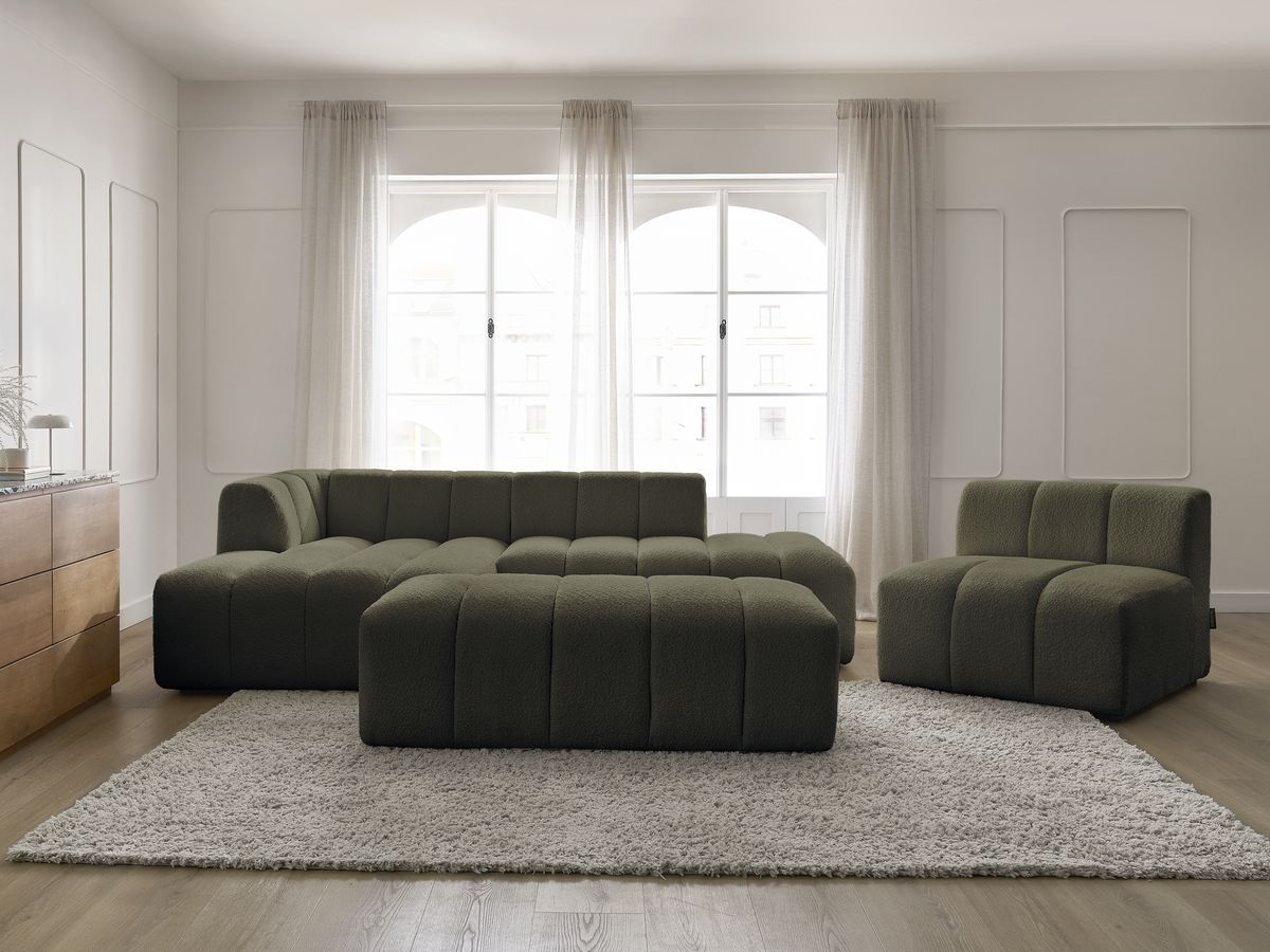 Bobochic Annecy Ecksofa mit Sofamodul und Pouf Bouclé-Stoff Grün Ecke links