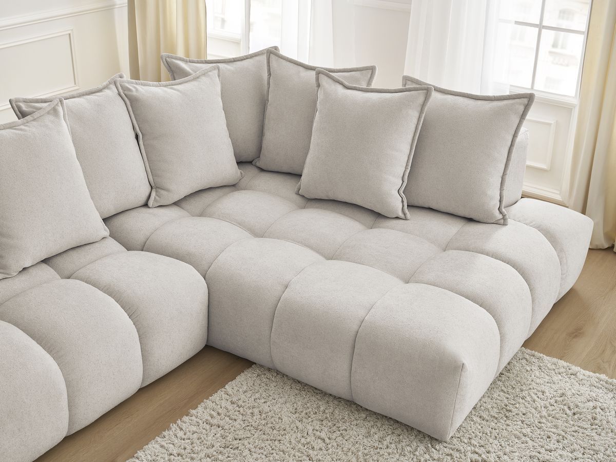 Bobochic Everest Ecksofa mit Schlaffunktion und Pouf, 10 Kissen Strukturstoff Beige Ecke rechts