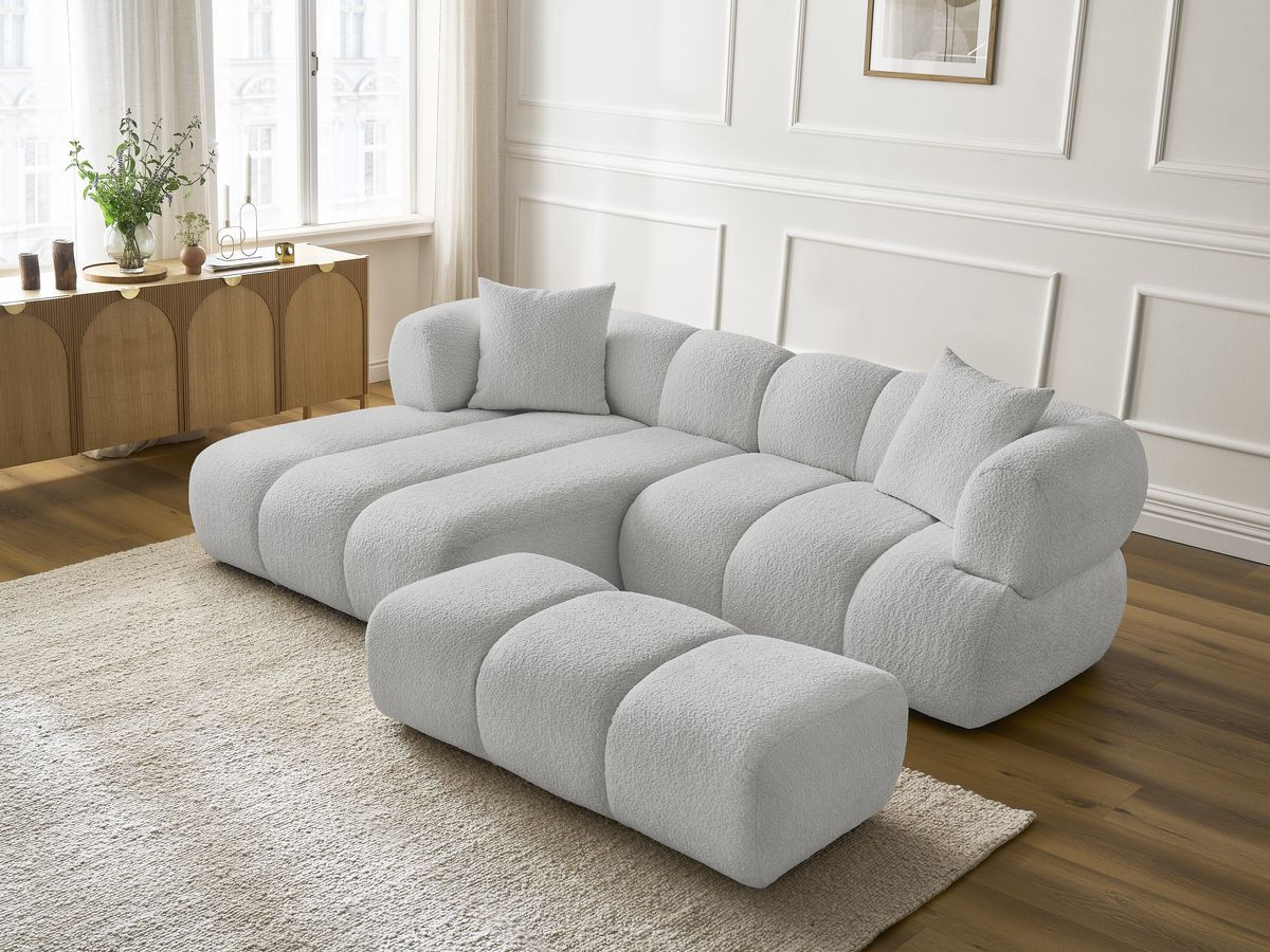 Bobochic Pamira Ecksofa mit Pouf Bouclé-Stoff Hellgrau Ecke links