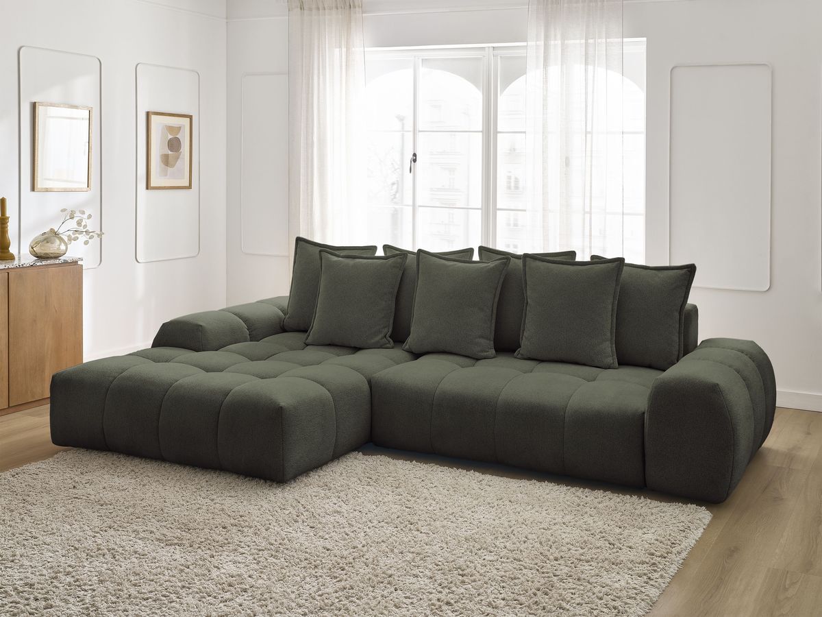 Bobochic Everest Ecksofa mit Schlaffunktion und Bettkasten 318 × 180 cm, 7 Kissen Melange-Stoff Grün Ecke links