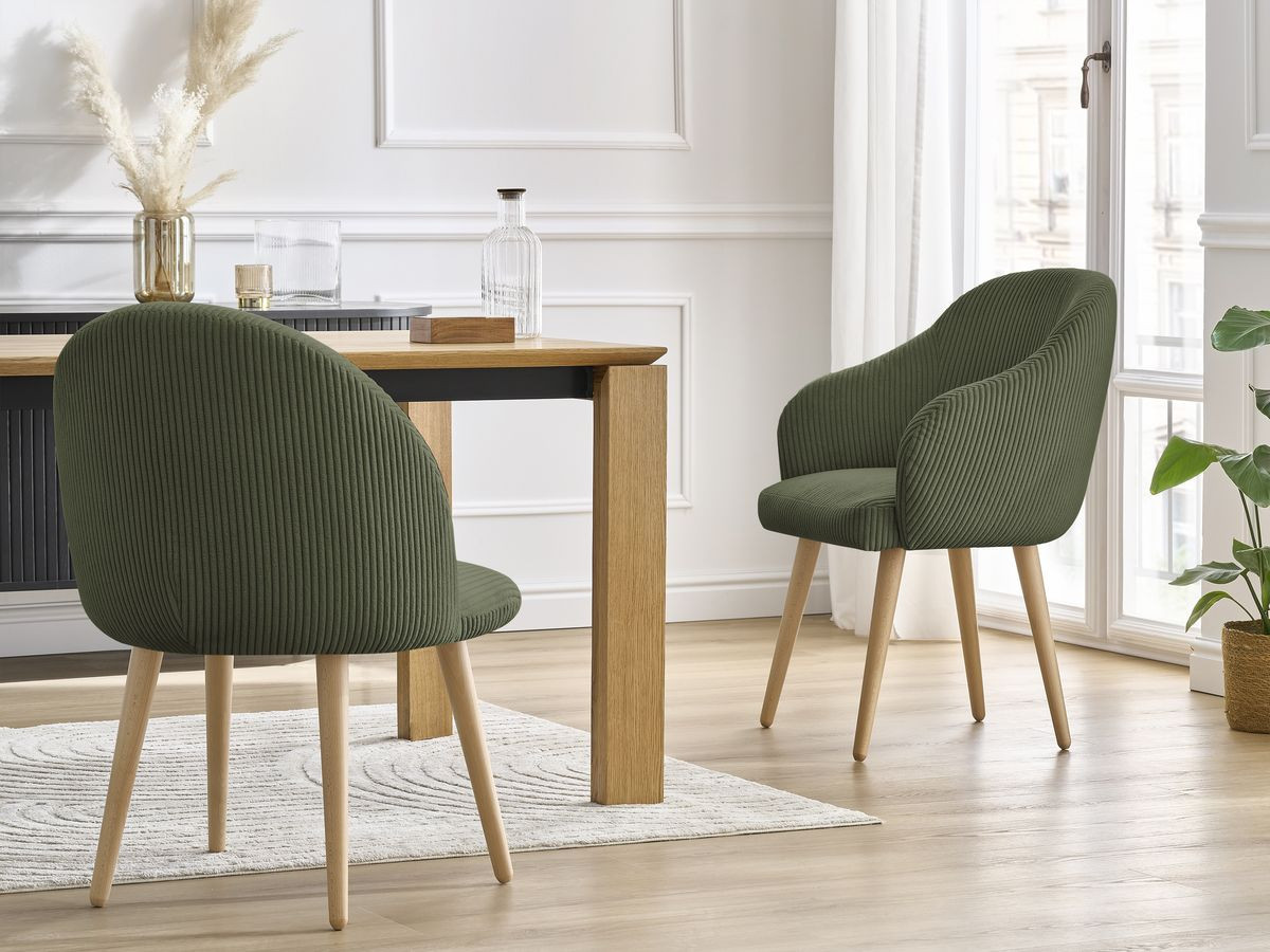 Bobochic Sophie Esszimmerstuhl 2er-Set mit skandinavischen Holzbeinen Cordsamt Grün
