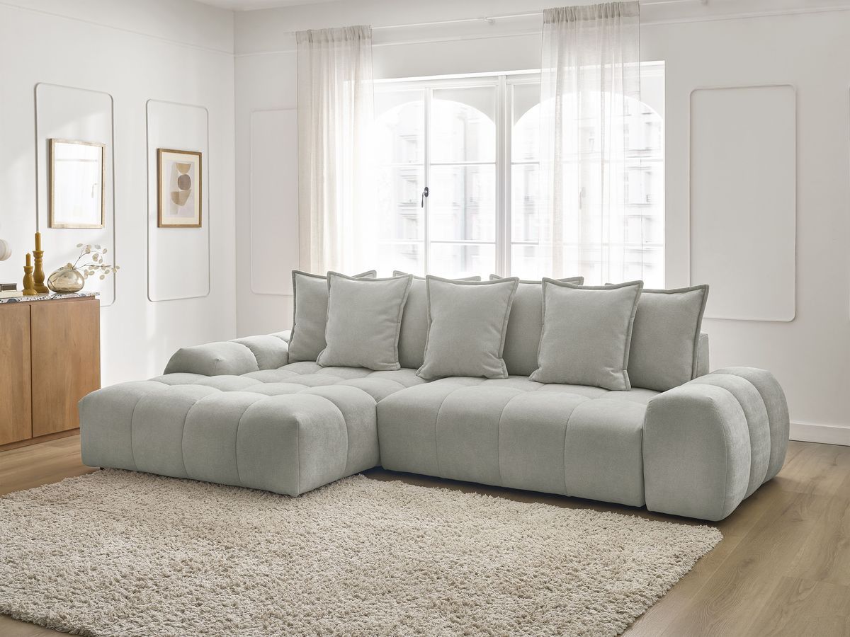 Bobochic Everest Ecksofa mit Schlaffunktion und Bettkasten 318 × 180 cm, 7 Kissen Strukturstoff Hellgrau Ecke links