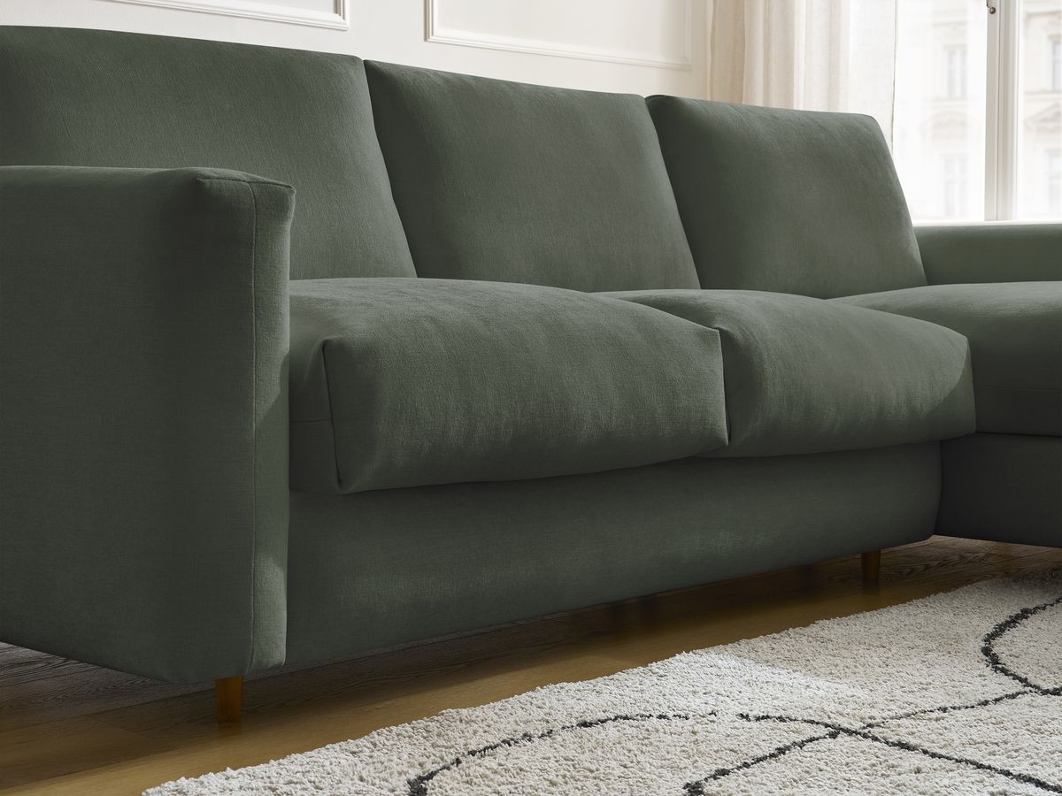Bobochic Cocoone Ecksofa mit Schlaffunktion und Bettkasten Stoff Grün, Liegefläche 160 × 200 cm