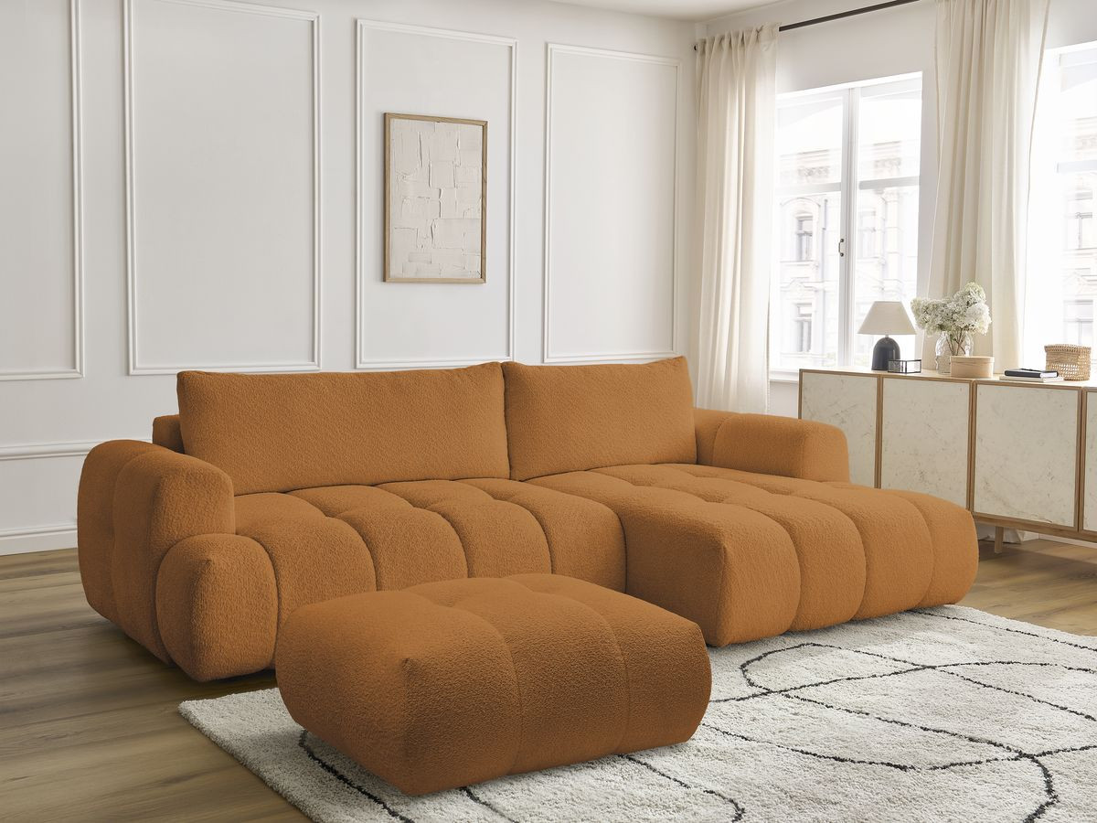 Bobochic Fuji Ecksofa mit Schlaffunktion und Bettkasten und Pouf 292 × 160 cm Bouclé-Stoff Gelb Ecke rechts