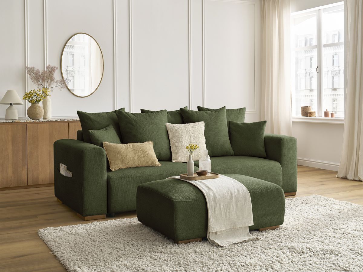 Bobochic Sidonie Schlafsofa 4-Sitzer mit Bettkasten und Pouf Melange-Stoff Grün