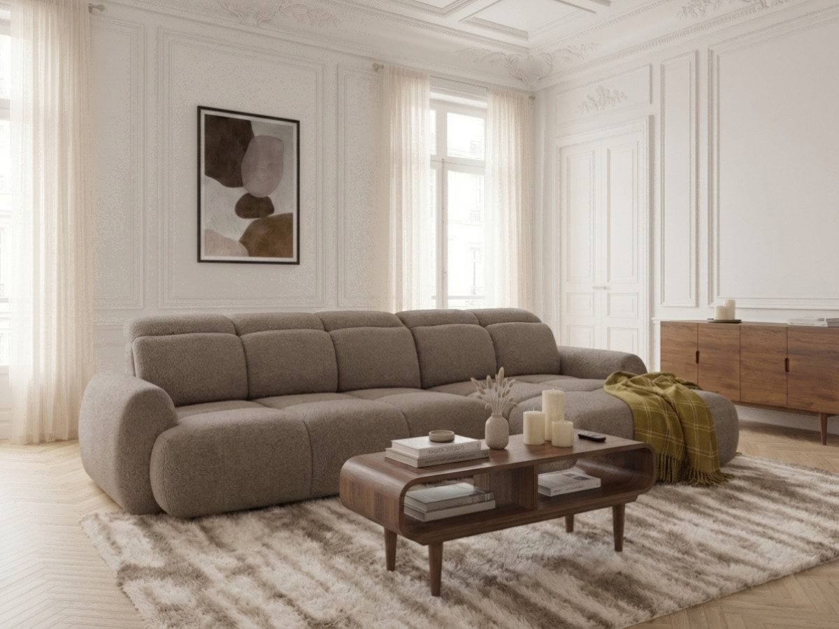 Bobochic Ruby Ecksofa mit Schlaffunktion und Bettkasten Chenille Braun Ecke rechts