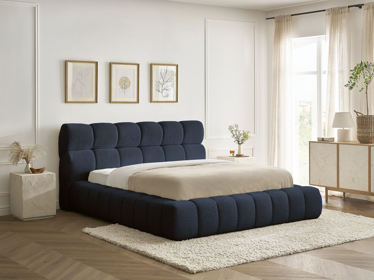 Bobochic Mont-blanc Polsterbett mit Bettkasten Bouclé-Stoff Dunkelblau, Liegefläche 140 × 190 cm