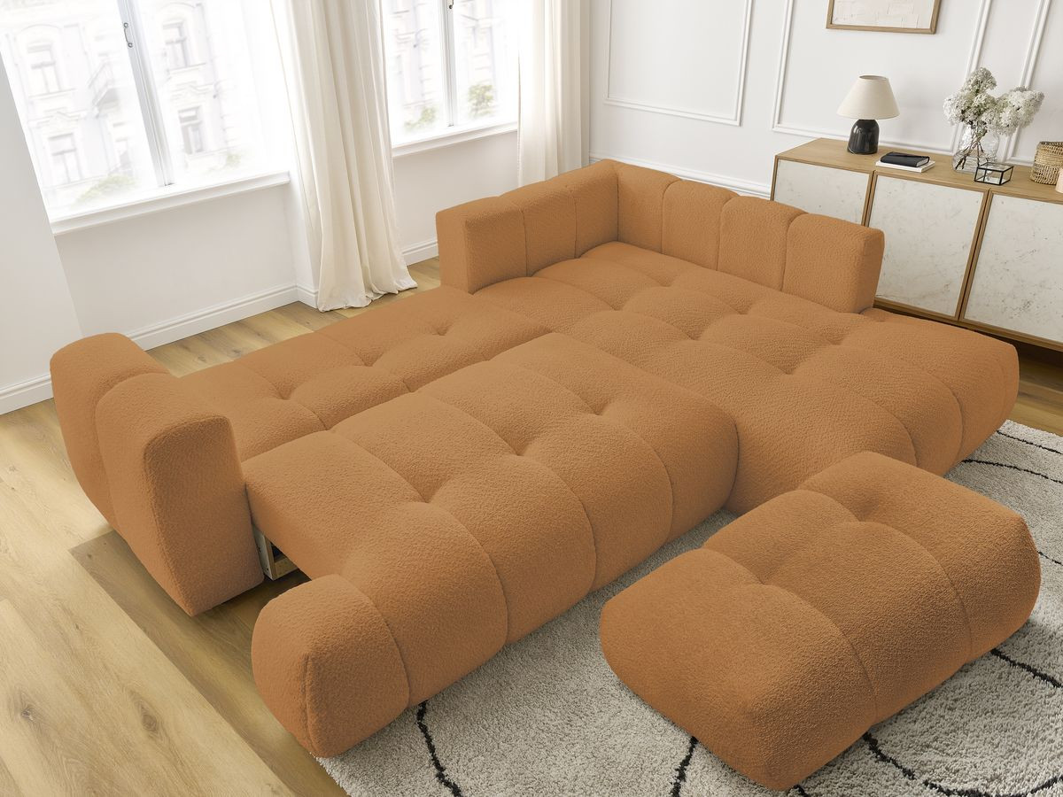 Bobochic Fuji Ecksofa mit Schlaffunktion und Bettkasten und Pouf 282 × 204 cm Bouclé-Stoff Gelb Ecke rechts
