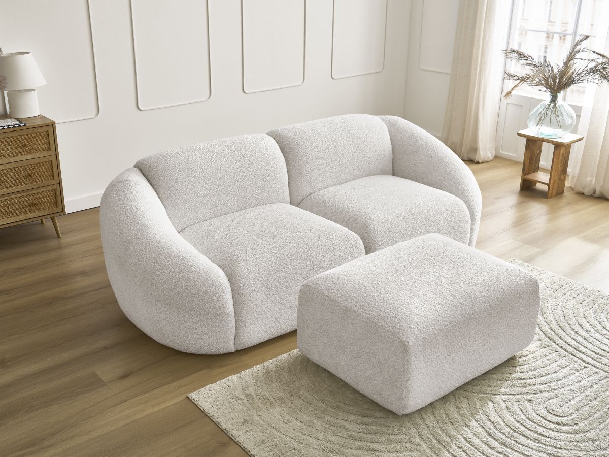 Bobochic Tina Sofa 3-Sitzer mit Pouf Bouclé-Stoff Weiß