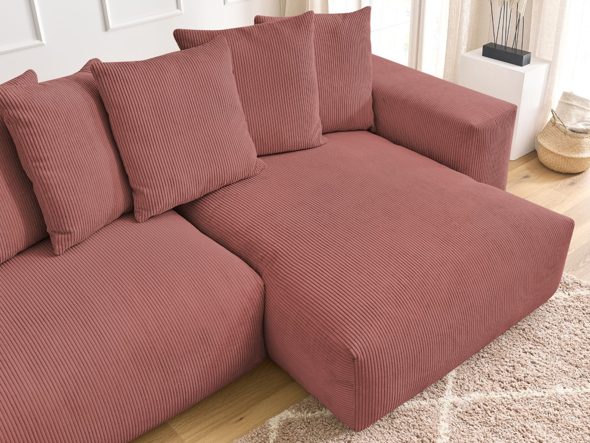 Bobochic Voltaire Ecksofa mit Schlaffunktion und Bettkasten Cordsamt Rosa