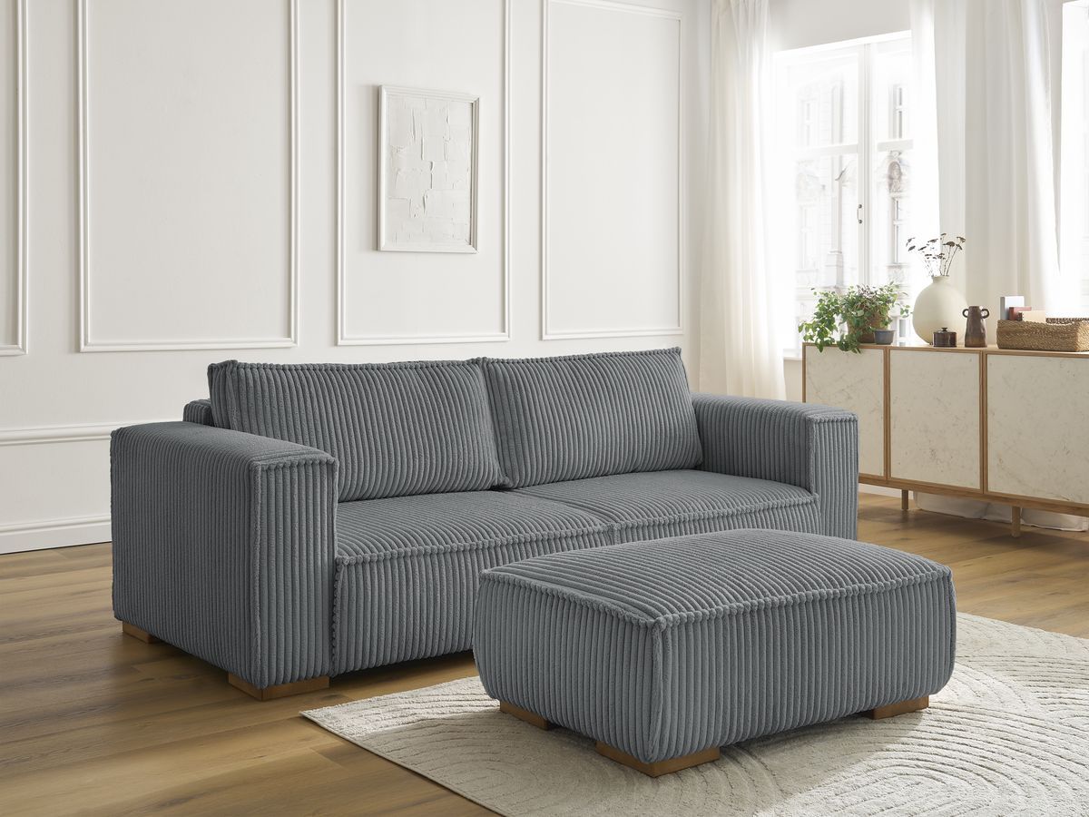 Bobochic Chelsea Sofa 4-Sitzer mit Pouf Breitcord weich Dunkelgrau
