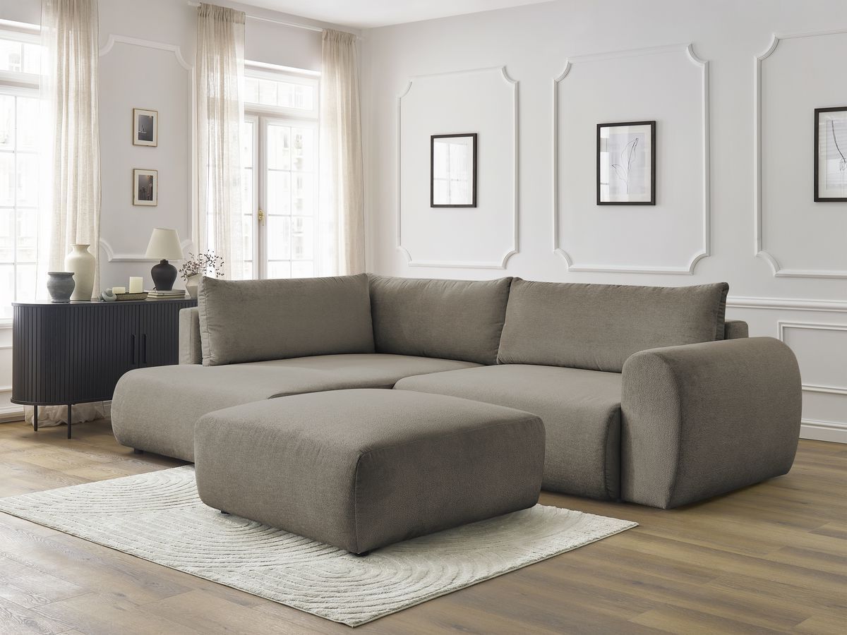 Bobochic Lucien Ecksofa mit Schlaffunktion und Bettkasten und Pouf 296 × 198 cm Stoff Taupe Ecke links
