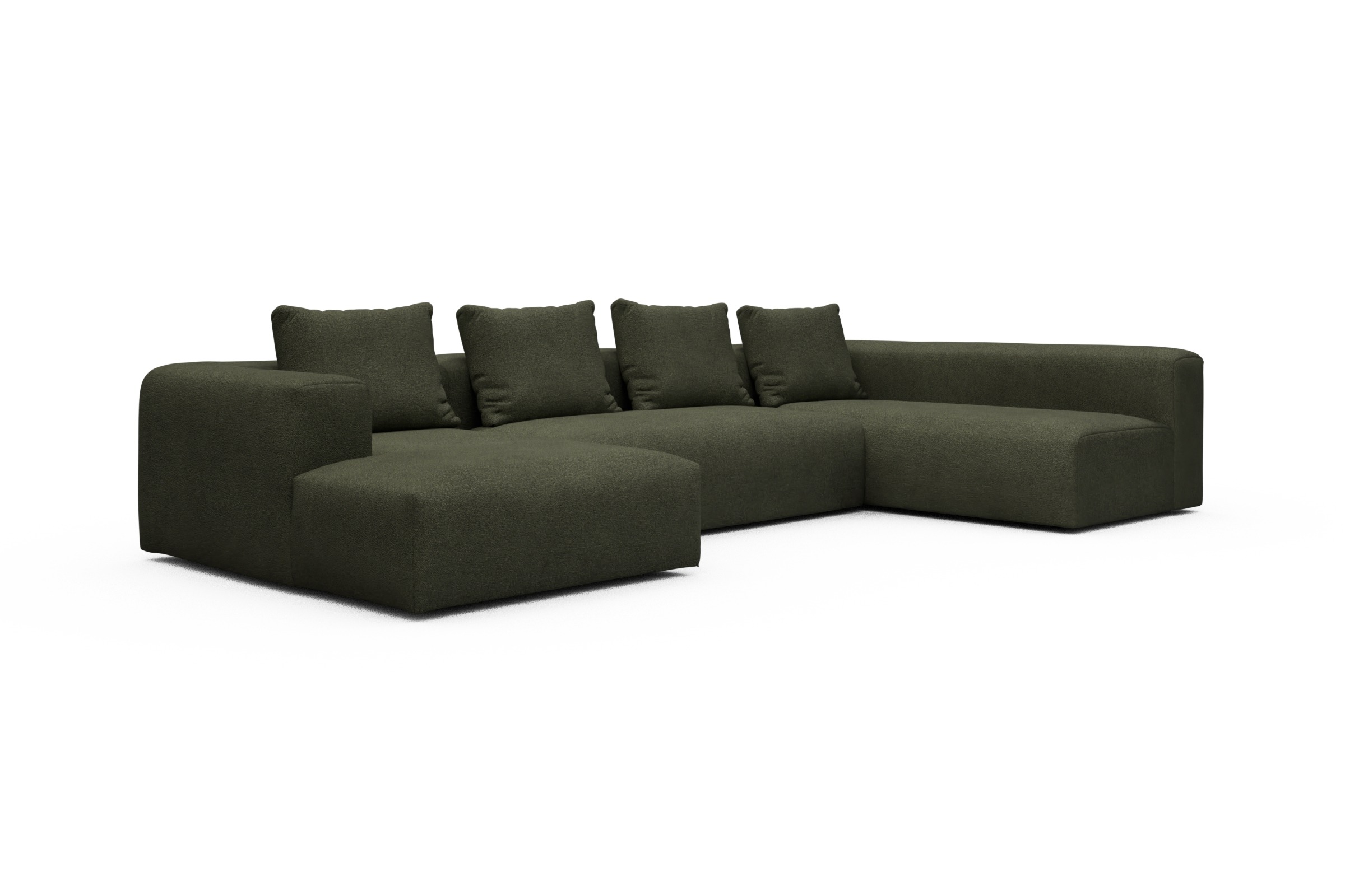 Wohnlandschaft Fred Chaiselongue links mit 2-Sitzer und lange Armlehne rechts Boucle-Forest-Green