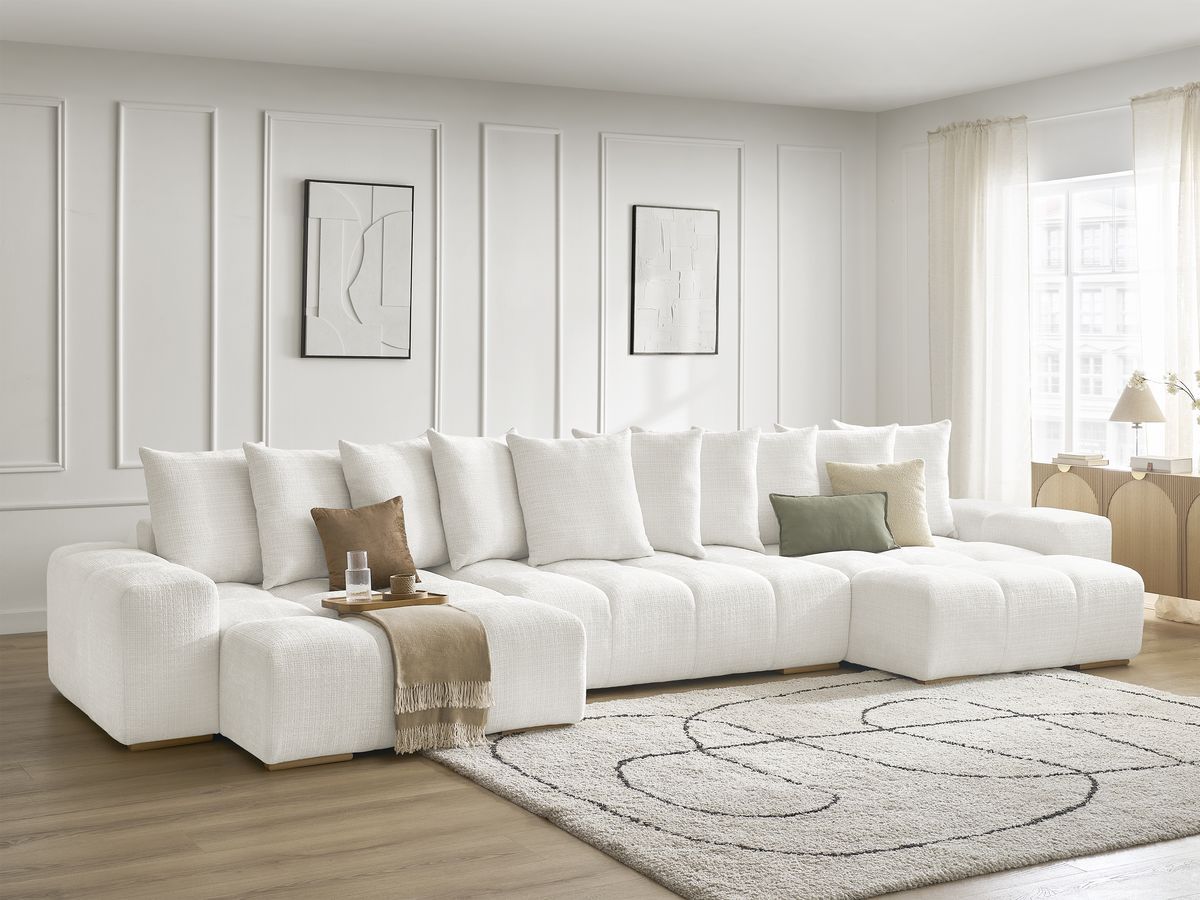 Bobochic Anakin Wohnlandschaft, Liegefläche 137 × 382 cm, 10 Kissen Strukturstoff Weiß