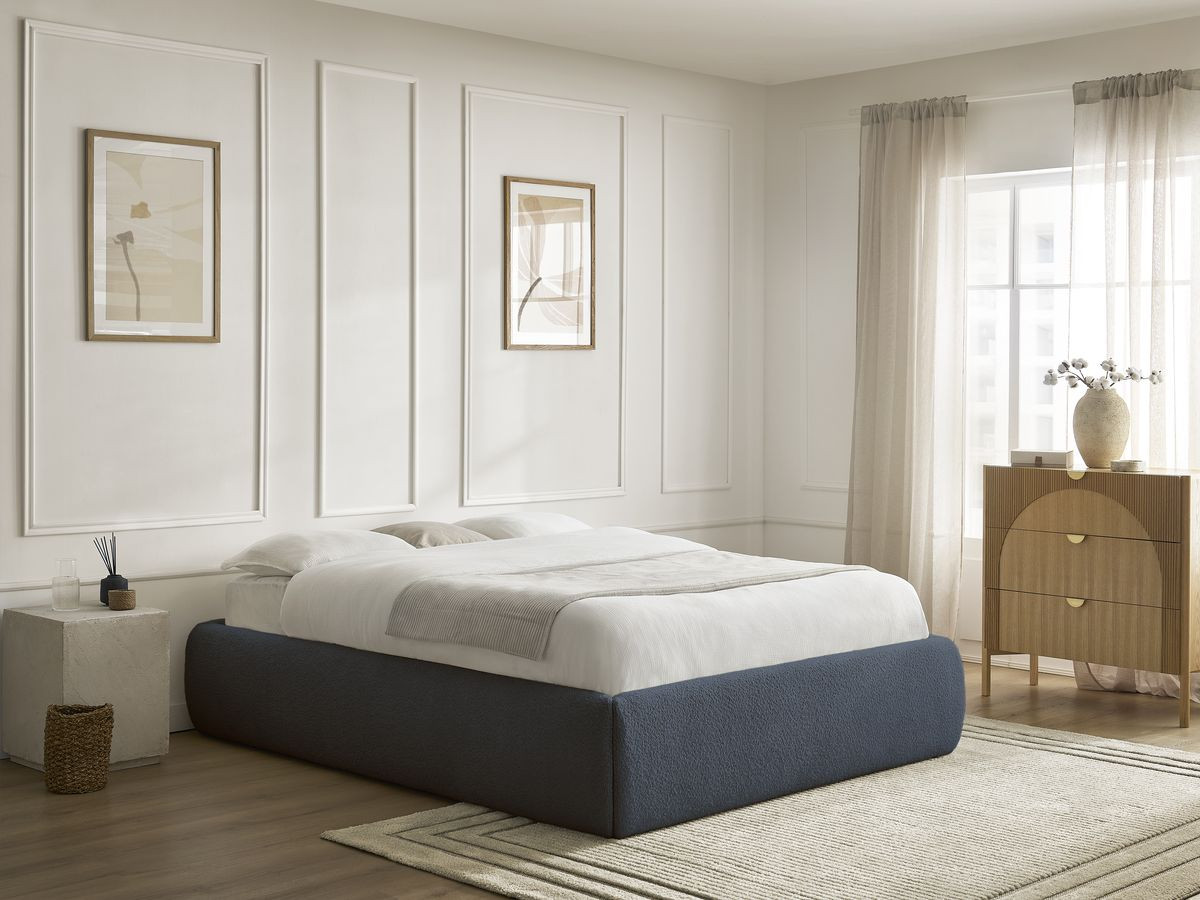Bobochic Inera Bettgestell mit Bettkasten, ohne Kopfteil Bouclé-Stoff Blau, Liegefläche 140 × 190 cm