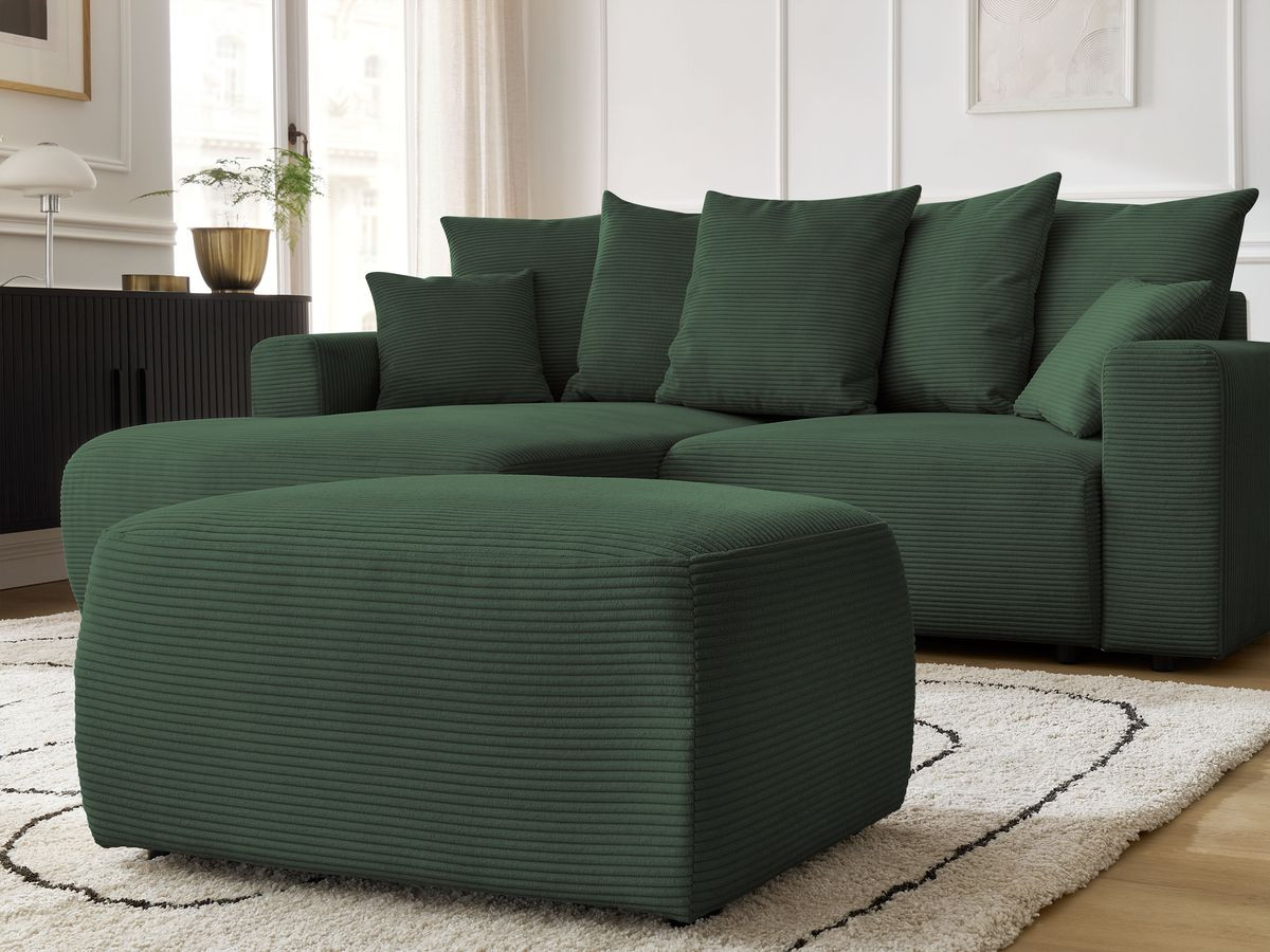 Bobochic Atilla Ecksofa mit Schlaffunktion und Bettkasten und Pouf Cordsamt Dunkelgrün Ecke links
