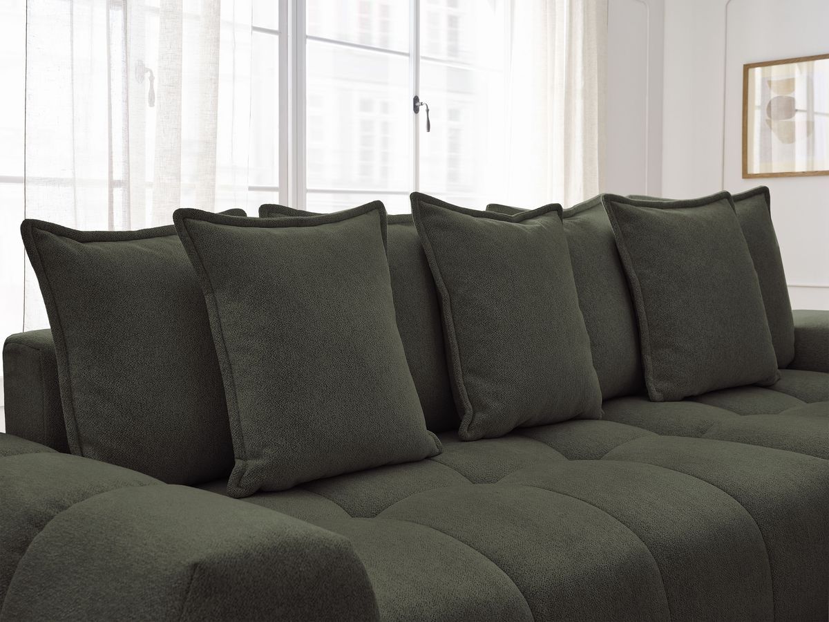 Bobochic Everest Ecksofa mit Schlaffunktion und Bettkasten 318 × 180 cm, 7 Kissen Melange-Stoff Grün Ecke rechts
