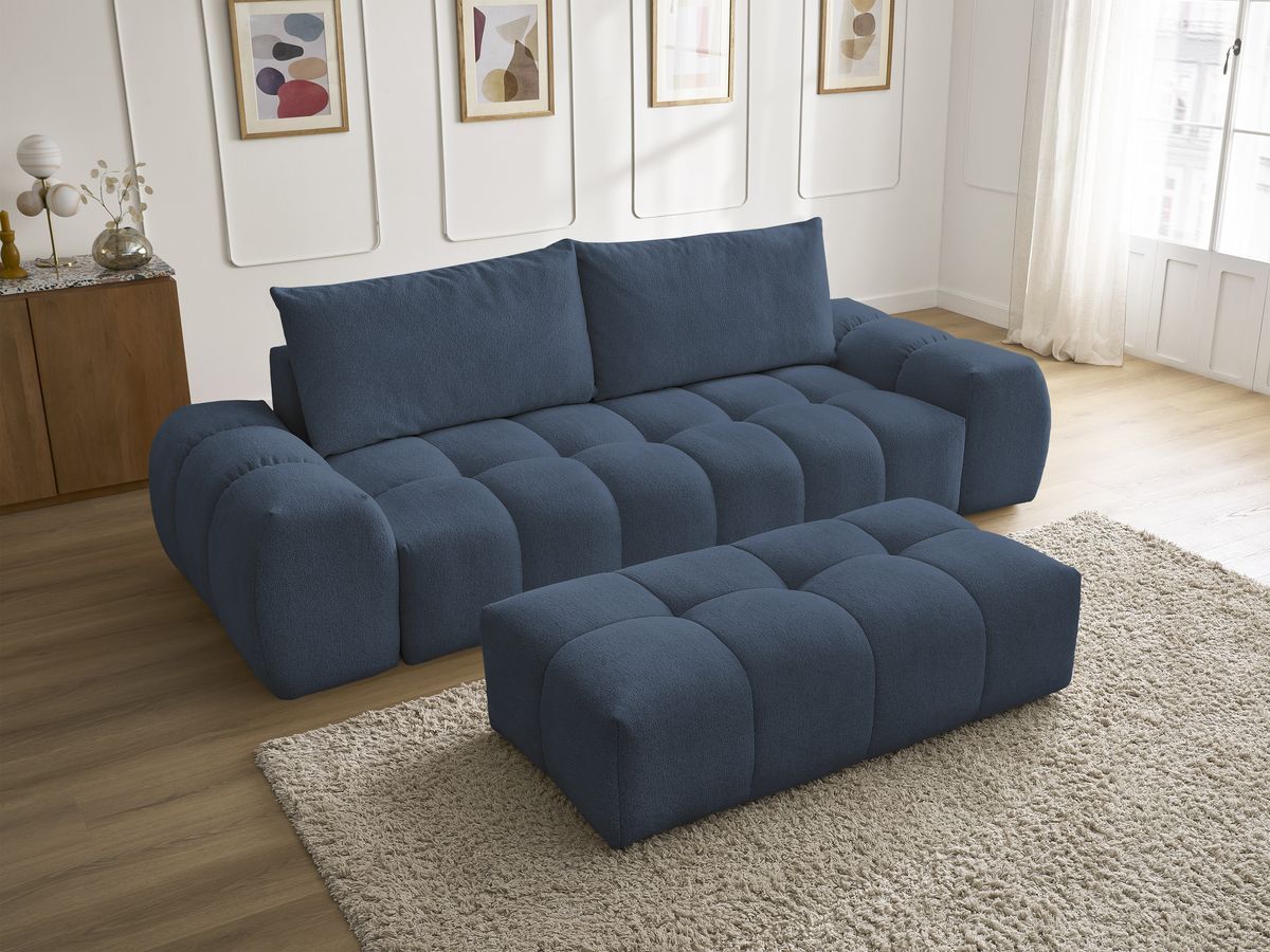 Bobochic Everest Sofa 3-Sitzer mit Pouf, 2 Kissen Melange-Stoff Dunkelblau
