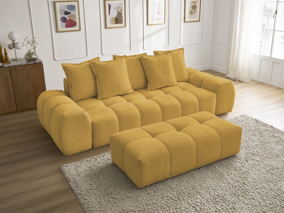 Bobochic Everest Sofa 3-Sitzer mit Pouf, 5 Kissen Melange-Stoff Gelb