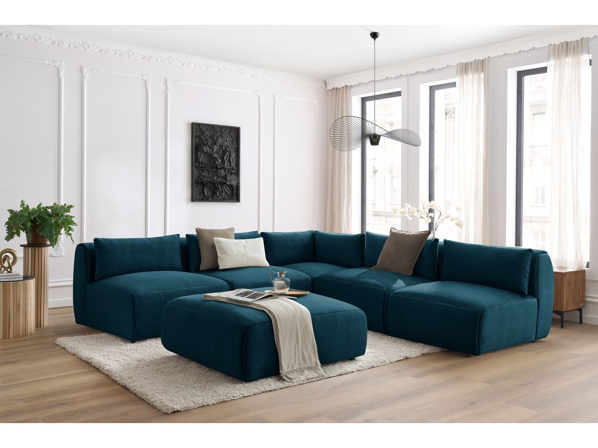 Bobochic Jeanne Ecksofa mit Pouf Samt Dunkelblau