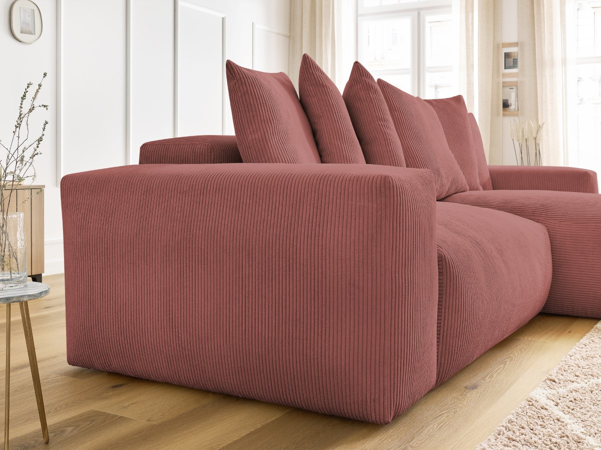 Bobochic Voltaire Ecksofa mit Schlaffunktion und Bettkasten Cordsamt Rosa