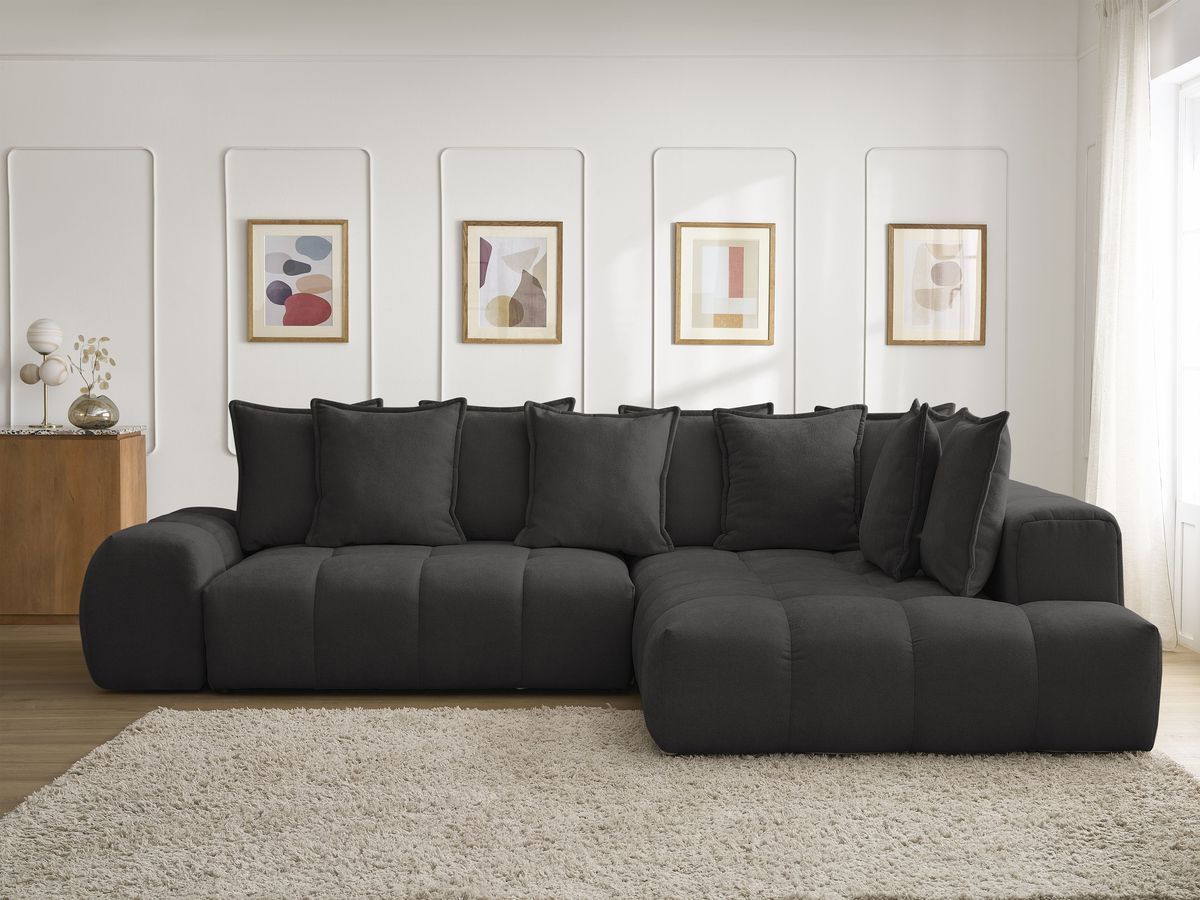 Bobochic Everest Ecksofa mit Schlaffunktion und Bettkasten 320 × 212 cm, 10 Kissen Strukturstoff Schwarz Ecke rechts