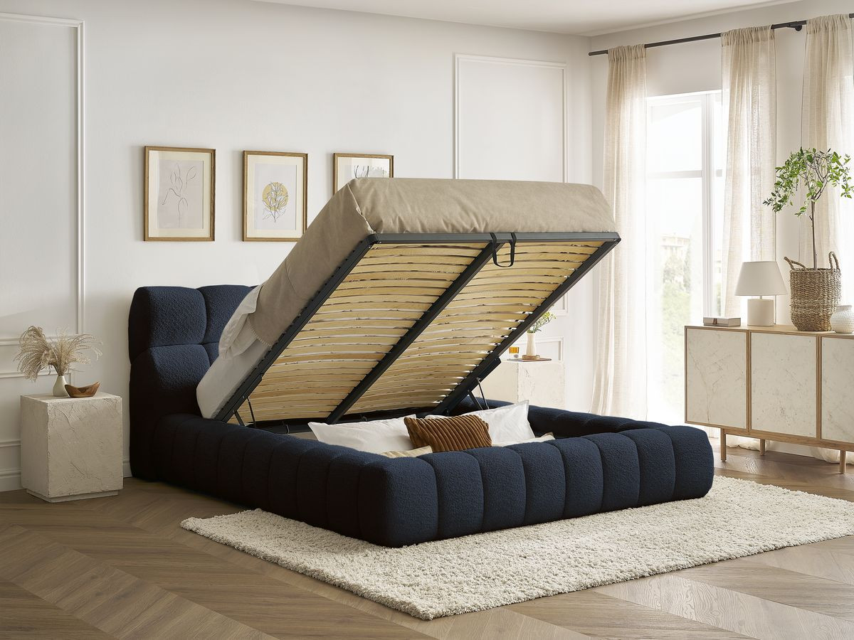 Bobochic Mont-blanc Polsterbett mit Bettkasten Bouclé-Stoff Dunkelblau, Liegefläche 140 × 190 cm