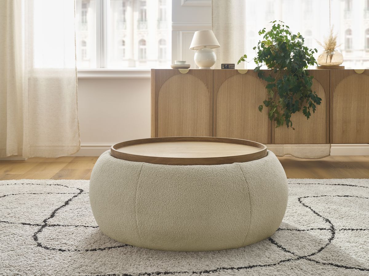 Bobochic Hayden Pouf mit Tablett, rund Bouclé-Stoff Beige, 87 cm