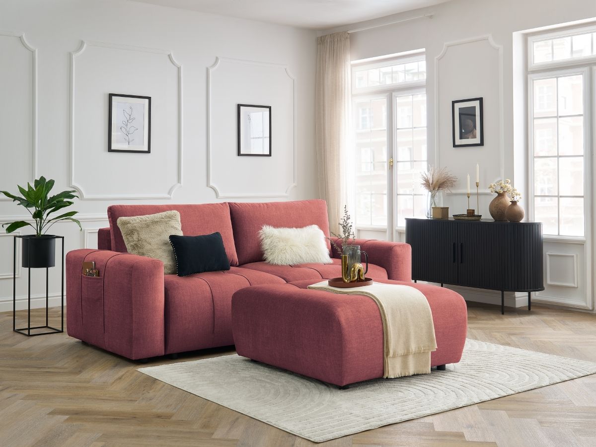 Bobochic Arsene Schlafsofa 4-Sitzer mit Bettkasten und Pouf Samt Orange