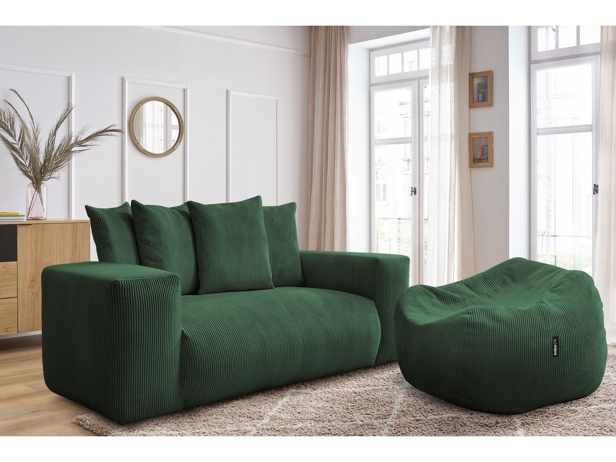 Bobochic Voltaire Sofa 2-Sitzer mit Pouf Cordsamt Grün