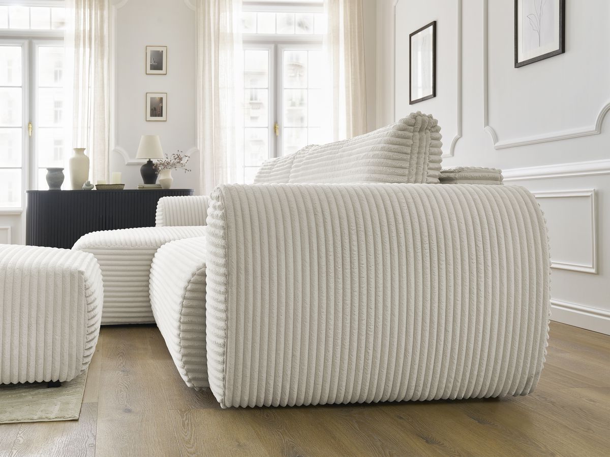 Bobochic Lucien Ecksofa mit Schlaffunktion und Bettkasten und Pouf 314 × 167 cm Breitcord weich Beige Ecke links