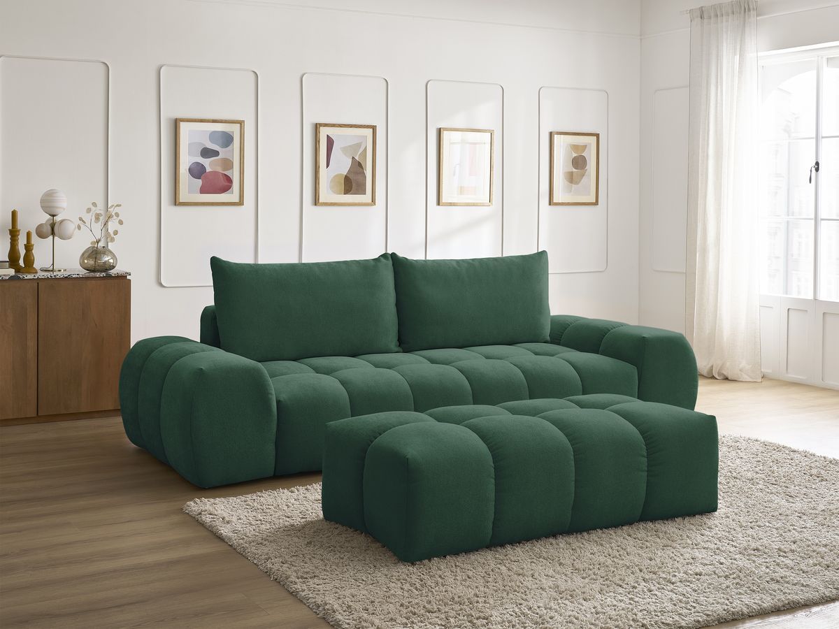 Bobochic Everest Sofa 3-Sitzer mit Pouf, 2 Kissen Strukturstoff Grün