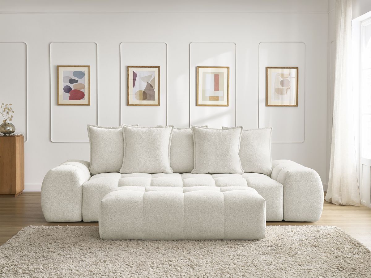 Bobochic Everest Sofa 3-Sitzer mit Pouf, 5 Kissen Melange-Stoff Weiß