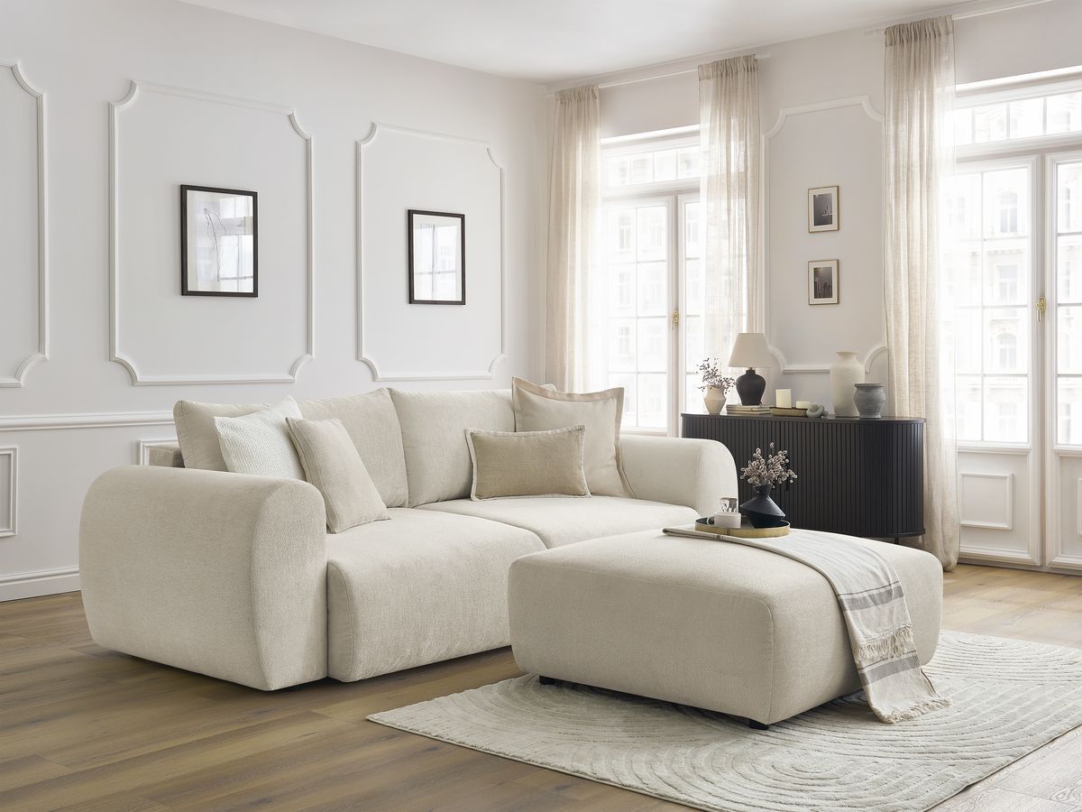 Bobochic Lucien Schlafsofa 4-Sitzer mit Bettkasten und Pouf Stoff Beige