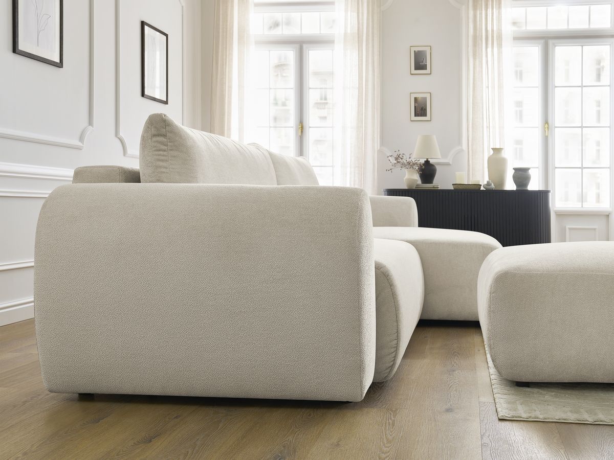 Bobochic Lucien Ecksofa mit Schlaffunktion und Bettkasten und Pouf 314 × 167 cm Stoff Beige Ecke rechts