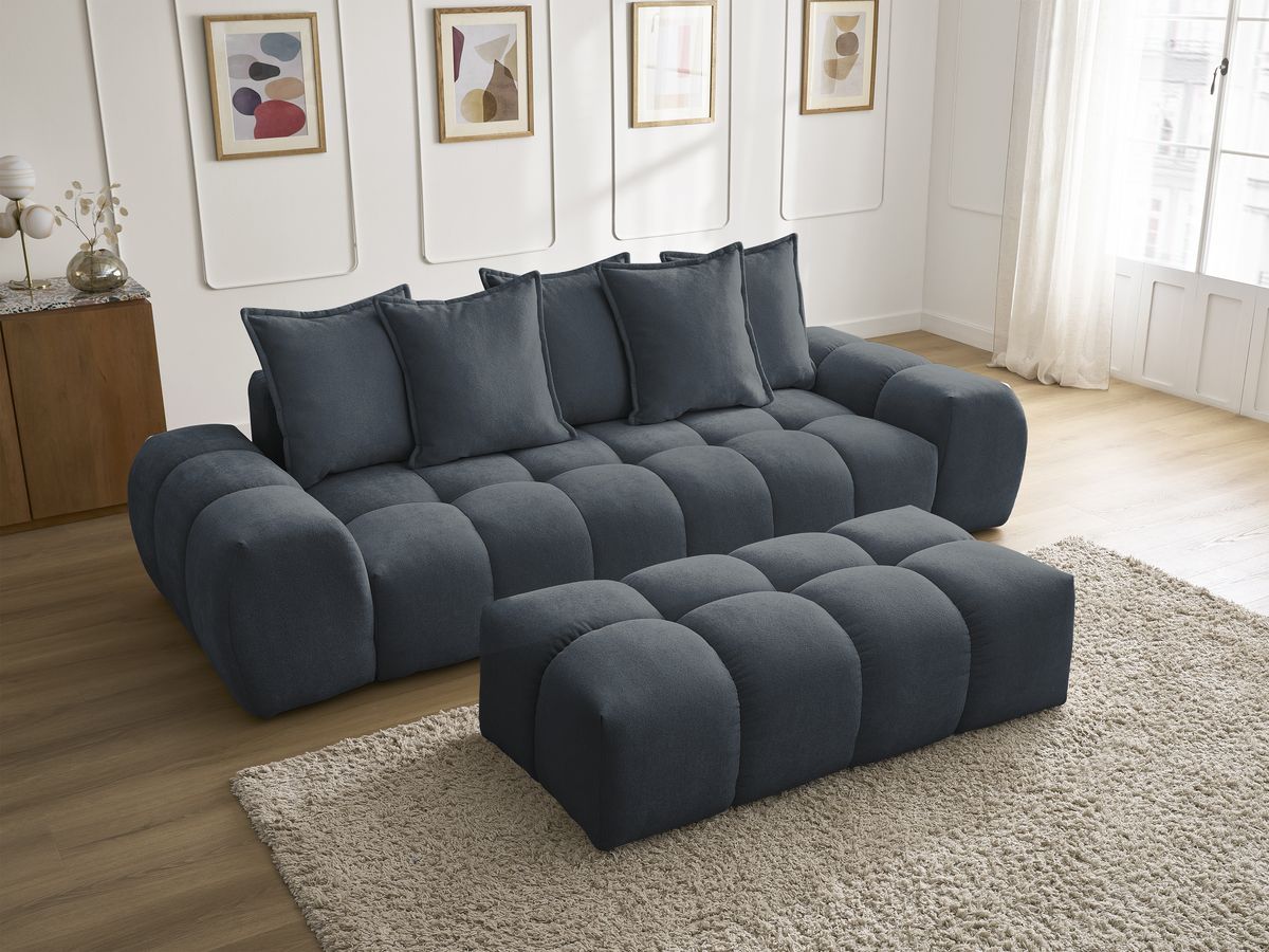 Bobochic Everest Sofa 3-Sitzer mit Pouf, 5 Kissen Strukturstoff Dunkelblau