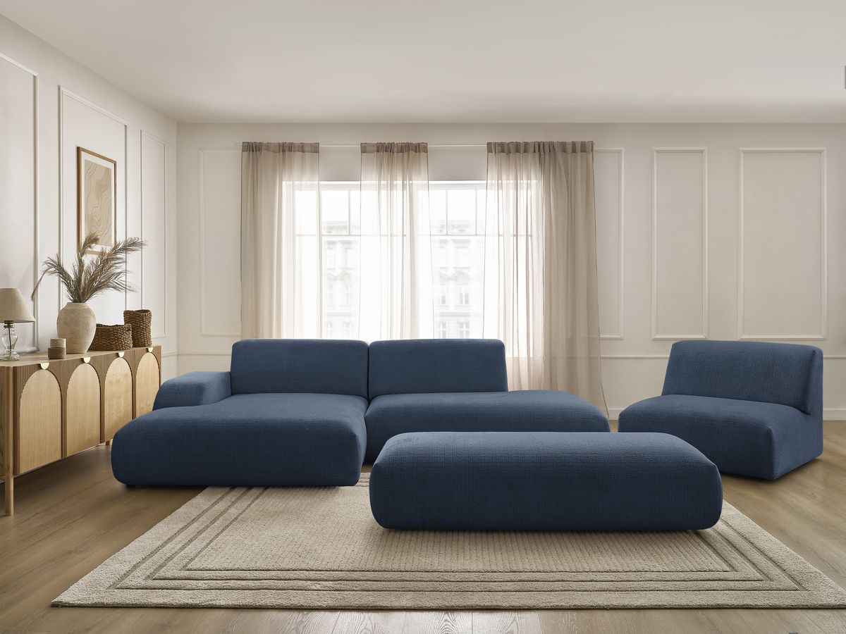 Bobochic Sirius Ecksofa mit Pouf 405 × 170 cm Strukturstoff Dunkelblau Ecke links