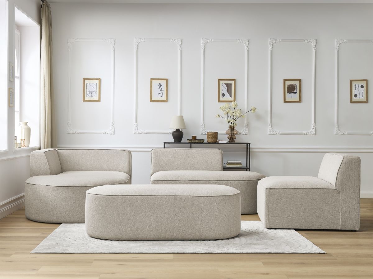 Bobochic Rousseau Ecksofa mit Sofamodul und Pouf Melange-Stoff Beige Ecke links