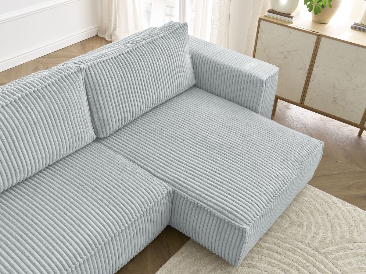 Bobochic Chelsea Ecksofa mit Schlaffunktion und Bettkasten Breitcord weich Hellgrau