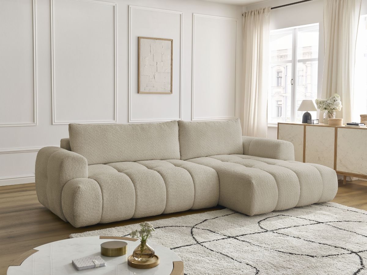 Bobochic Fuji Ecksofa mit Schlaffunktion und Bettkasten 292 × 160 cm Bouclé-Stoff Beige Ecke rechts