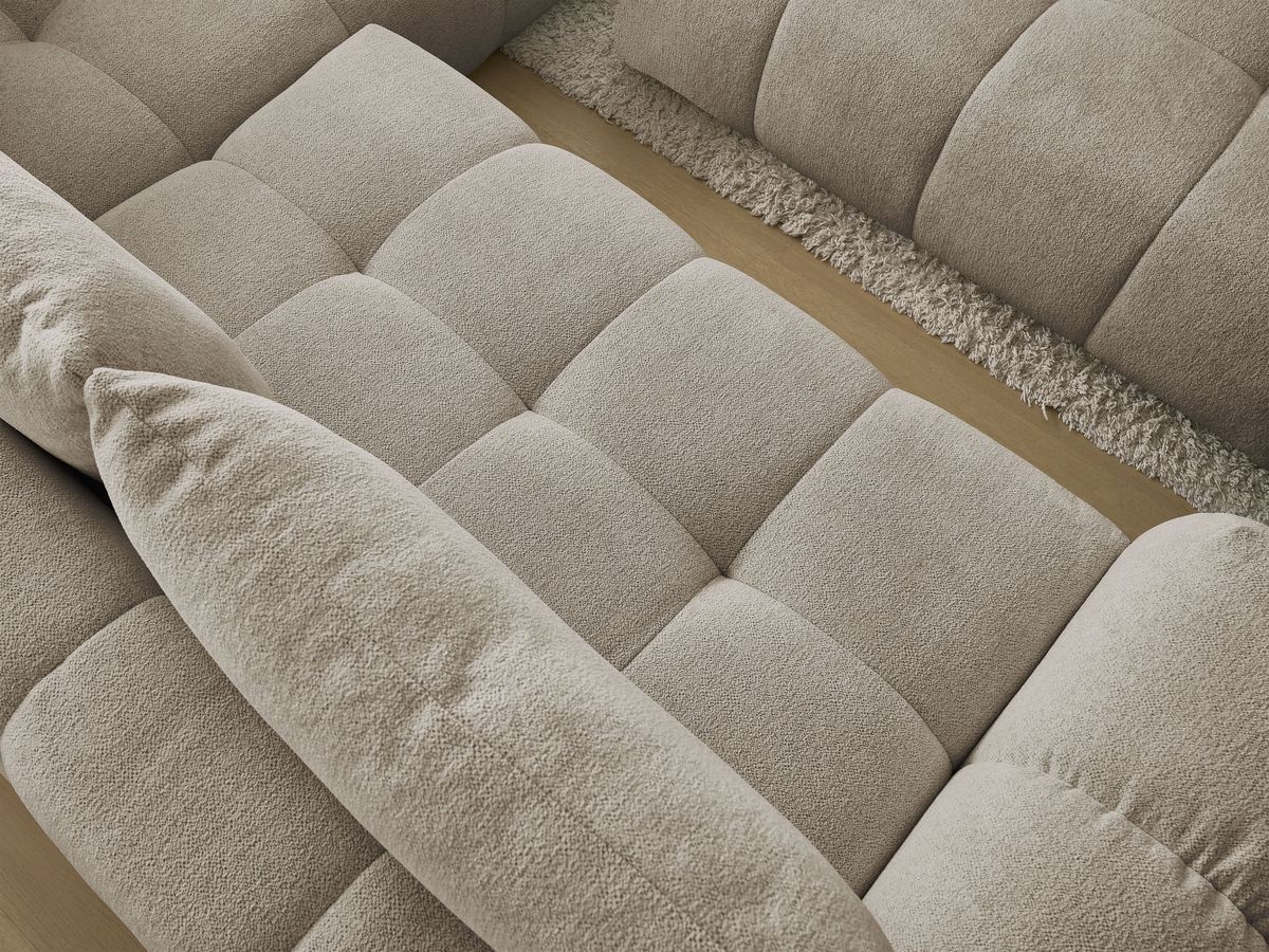 Bobochic Everest Ecksofa mit Schlaffunktion und Bettkasten und Pouf 320 × 212 cm, 5 Kissen Melange-Stoff Taupe Ecke rechts