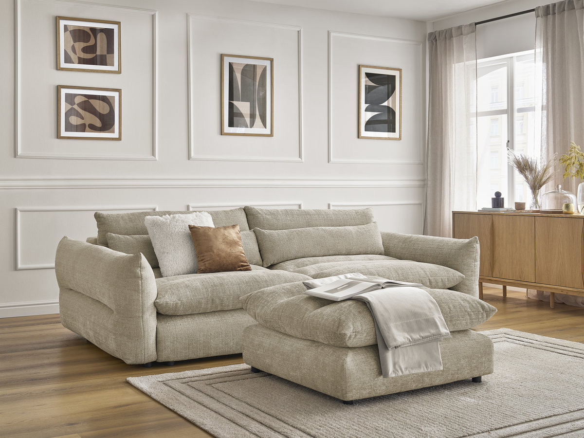 Bobochic Neil Sofa 3-Sitzer mit Pouf Strukturstoff Beige