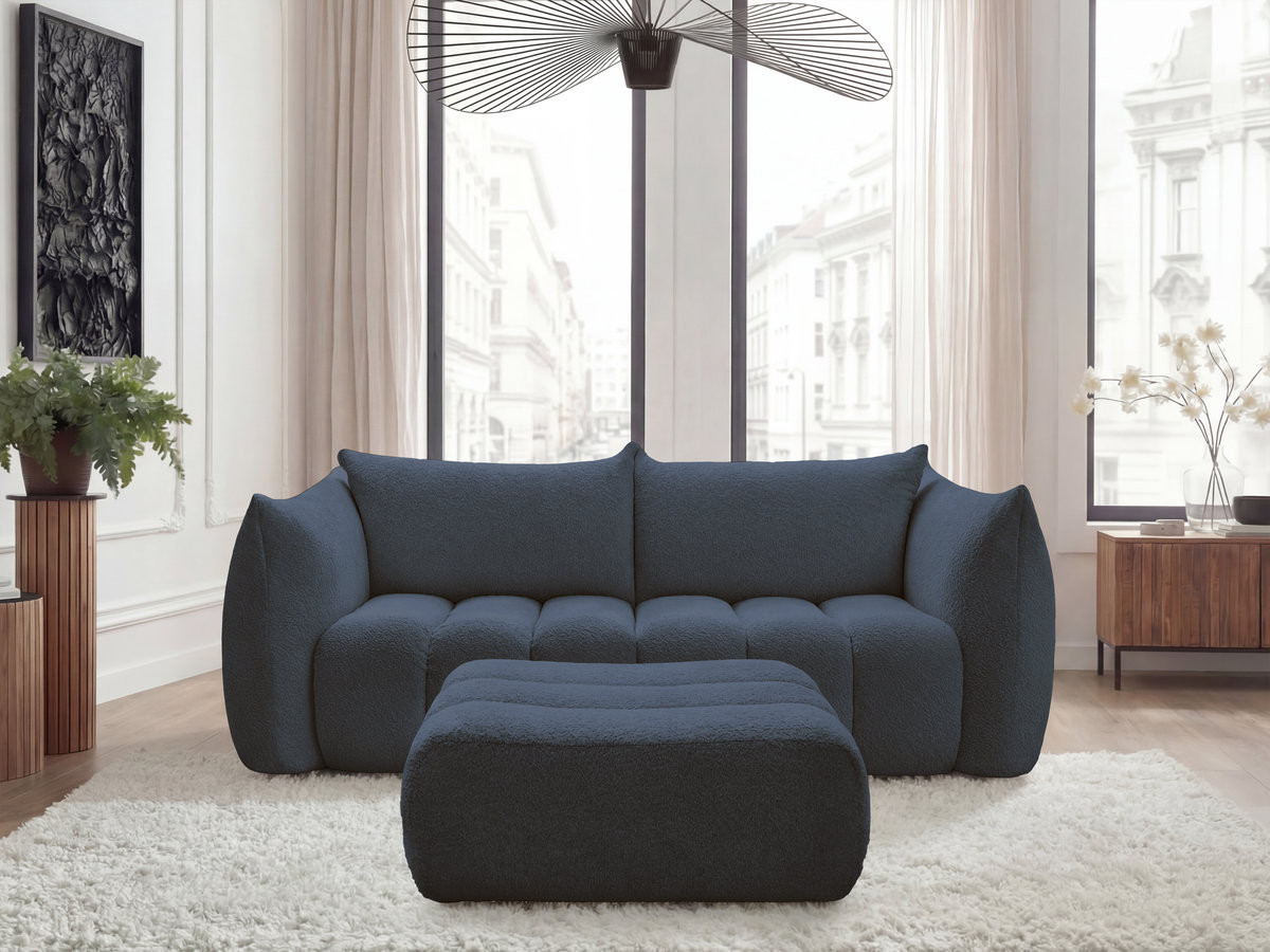 Bobochic Azra Sofa 3-Sitzer mit Pouf Bouclé-Stoff Dunkelblau