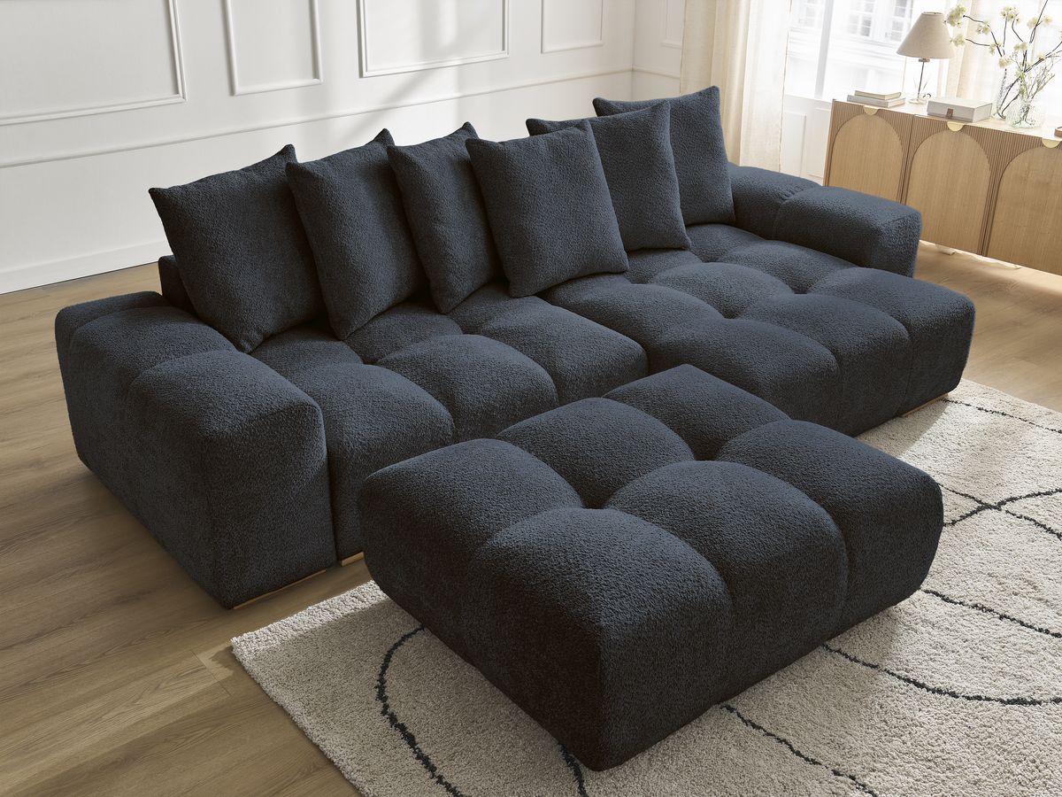Bobochic Anakin Ecksofa mit Pouf, 6 Kissen Bouclé-Stoff Dunkelblau