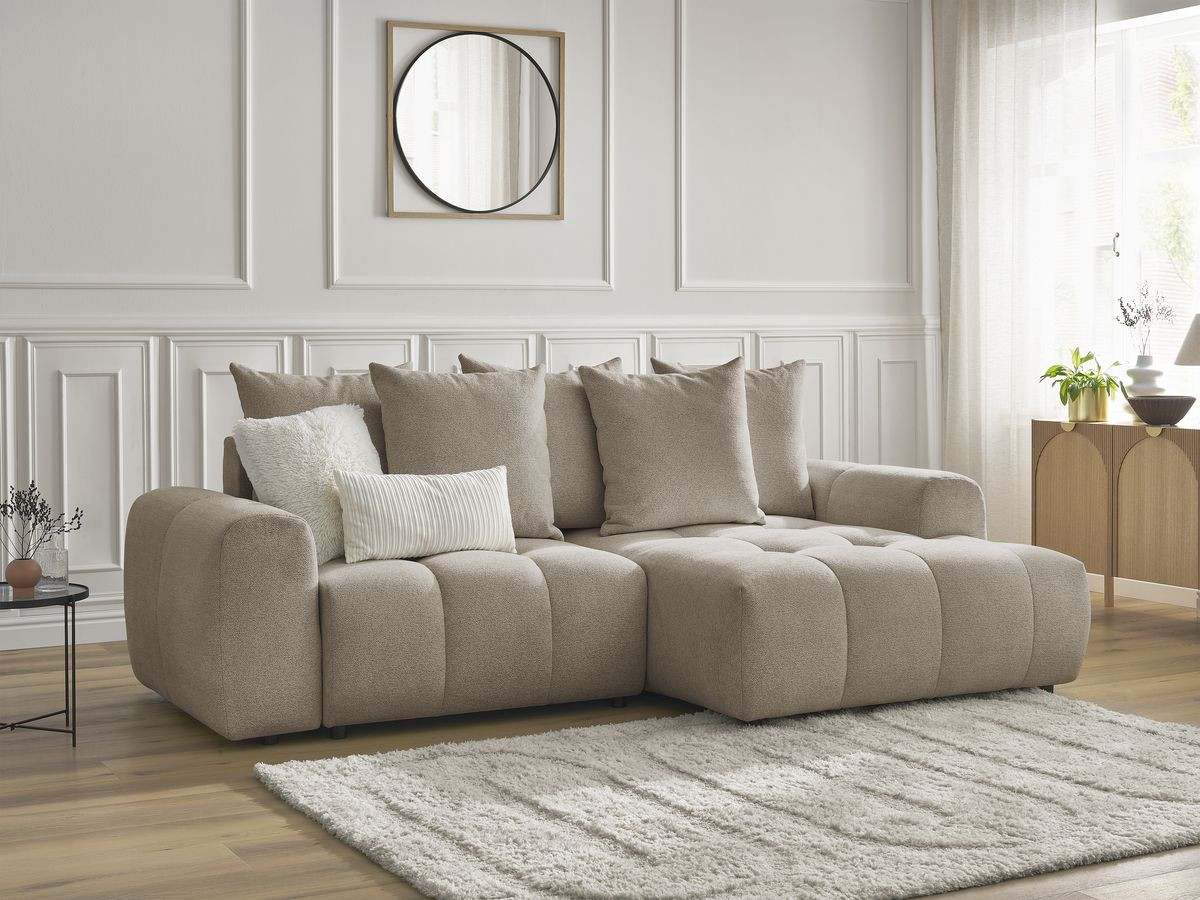 Bobochic Roxelane Ecksofa mit Schlaffunktion und Bettkasten 258 × 150 cm Melange-Stoff Taupe Ecke rechts